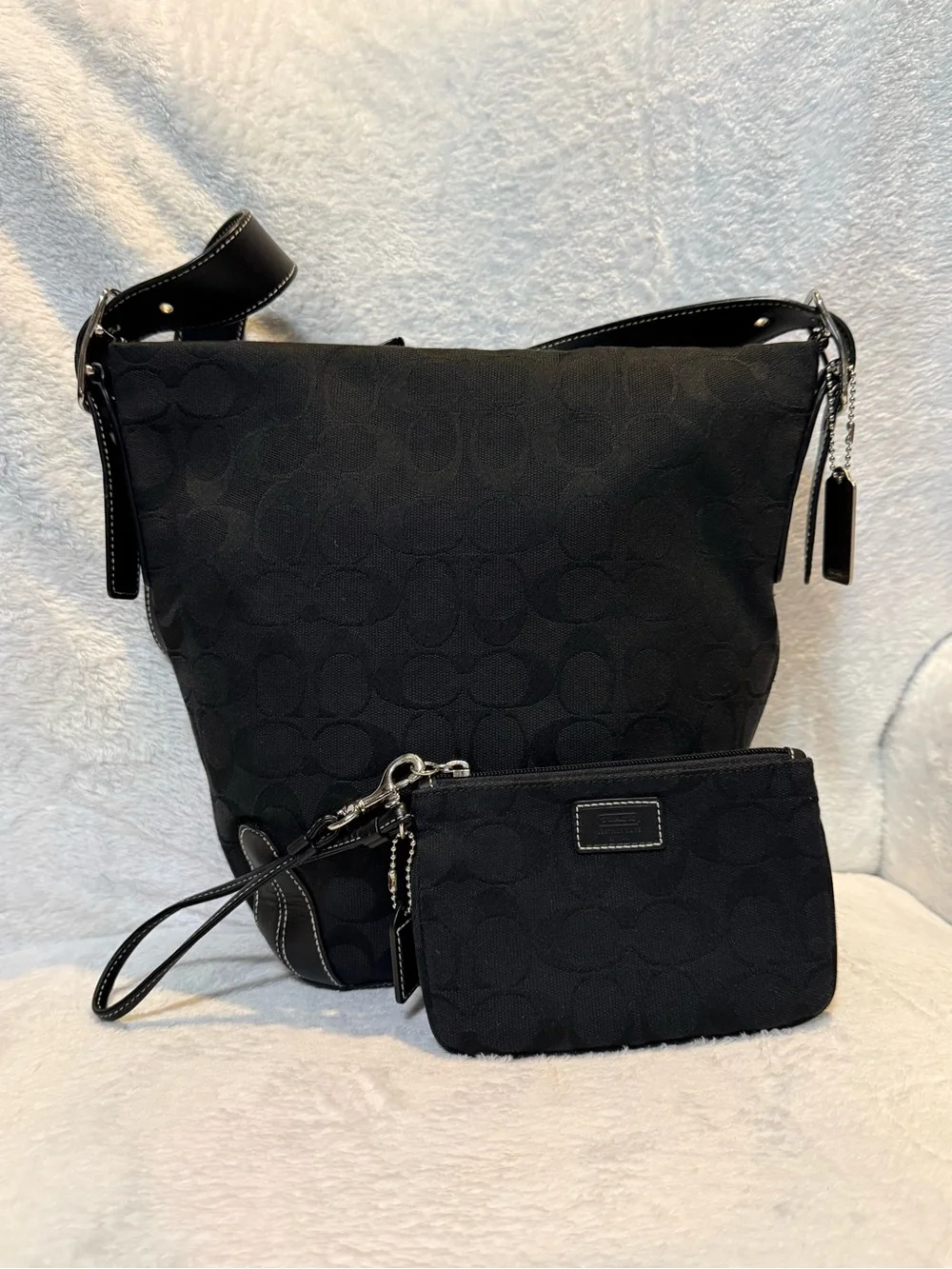 Y2K Coach Signature Canvas Hobo Bag with Matching Wristlet Pouch Black